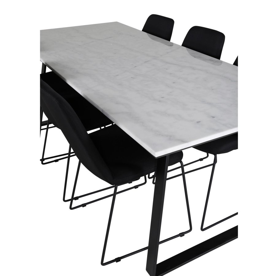 VENTURE DESIGN Estelle spisebordsst, m. 6 stole - hvid marmor/sort metal og sort stof/sort metal