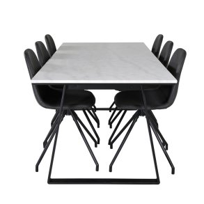 VENTURE DESIGN Estelle spisebordsst, m. 6 stole - hvid marmor/sort metal og sort PU/sort metal