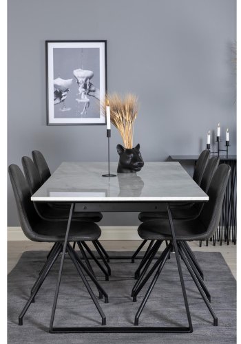 VENTURE DESIGN Estelle spisebordsst, m. 6 stole - hvid marmor/sort metal og sort PU/sort metal