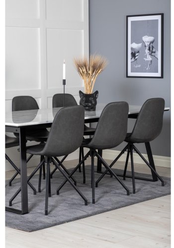 VENTURE DESIGN Estelle spisebordsst, m. 6 stole - hvid marmor/sort metal og sort PU/sort metal