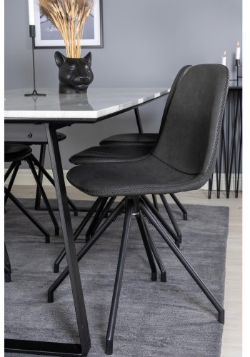 VENTURE DESIGN Estelle spisebordsst, m. 6 stole - hvid marmor/sort metal og sort PU/sort metal