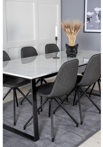 VENTURE DESIGN Estelle spisebordsst, m. 6 stole - hvid marmor/sort metal og sort PU/sort metal