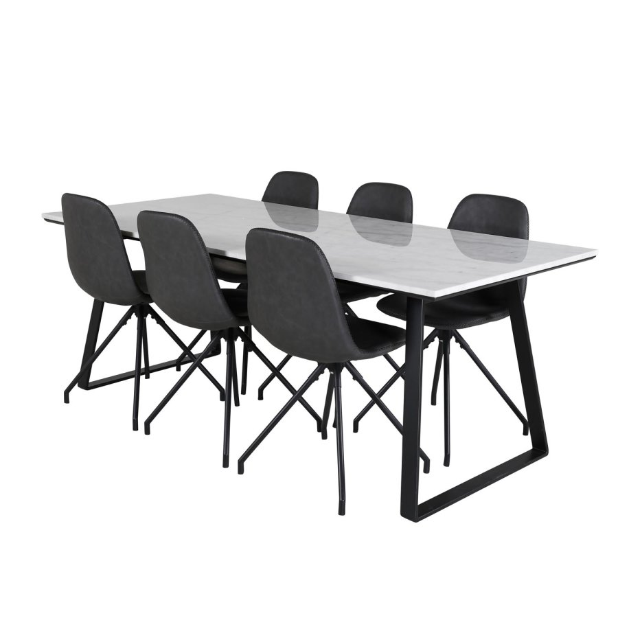 VENTURE DESIGN Estelle spisebordsst, m. 6 stole - hvid marmor/sort metal og sort PU/sort metal