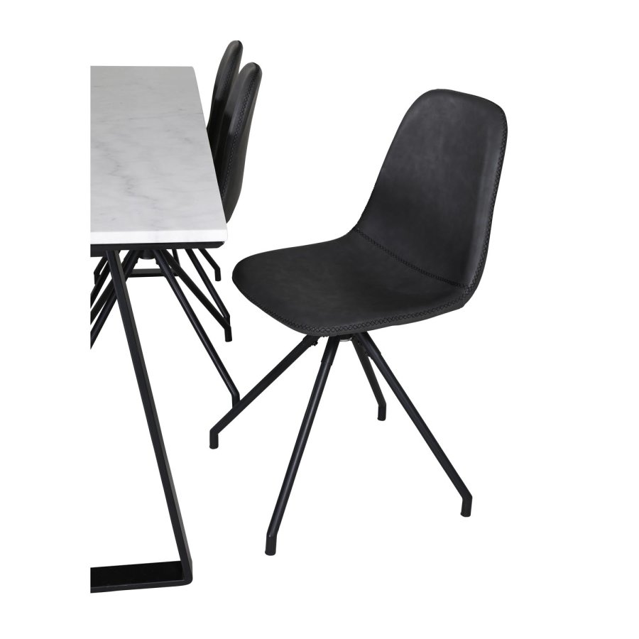 VENTURE DESIGN Estelle spisebordsst, m. 6 stole - hvid marmor/sort metal og sort PU/sort metal