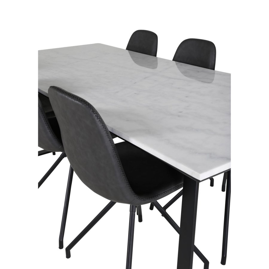 VENTURE DESIGN Estelle spisebordsst, m. 6 stole - hvid marmor/sort metal og sort PU/sort metal