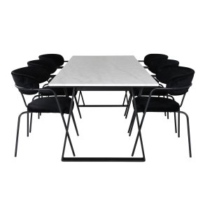 VENTURE DESIGN Estelle spisebordsst, m. 6 stole - hvid marmor/sort metal og sort fljl/sort metal