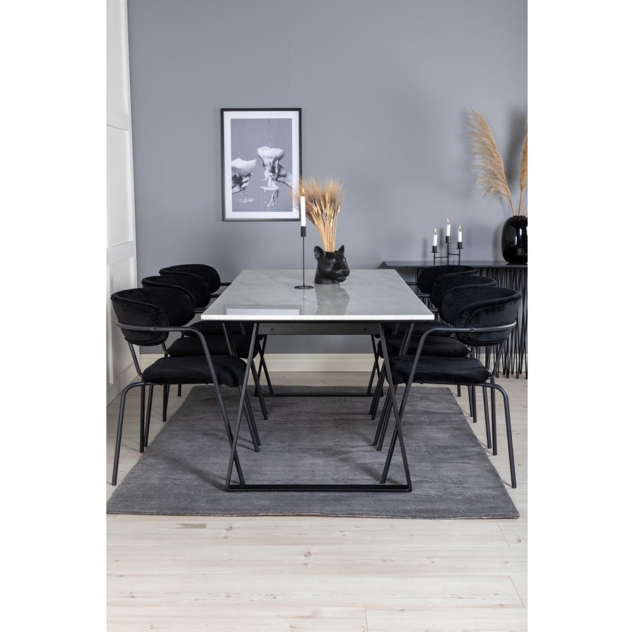VENTURE DESIGN Estelle spisebordsst, m. 6 stole - hvid marmor/sort metal og sort fljl/sort metal