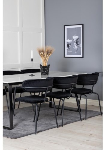VENTURE DESIGN Estelle spisebordsst, m. 6 stole - hvid marmor/sort metal og sort fljl/sort metal