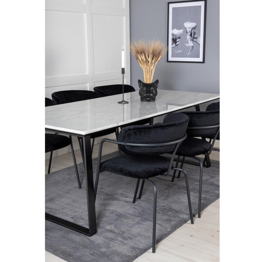 VENTURE DESIGN Estelle spisebordsst, m. 6 stole - hvid marmor/sort metal og sort fljl/sort metal