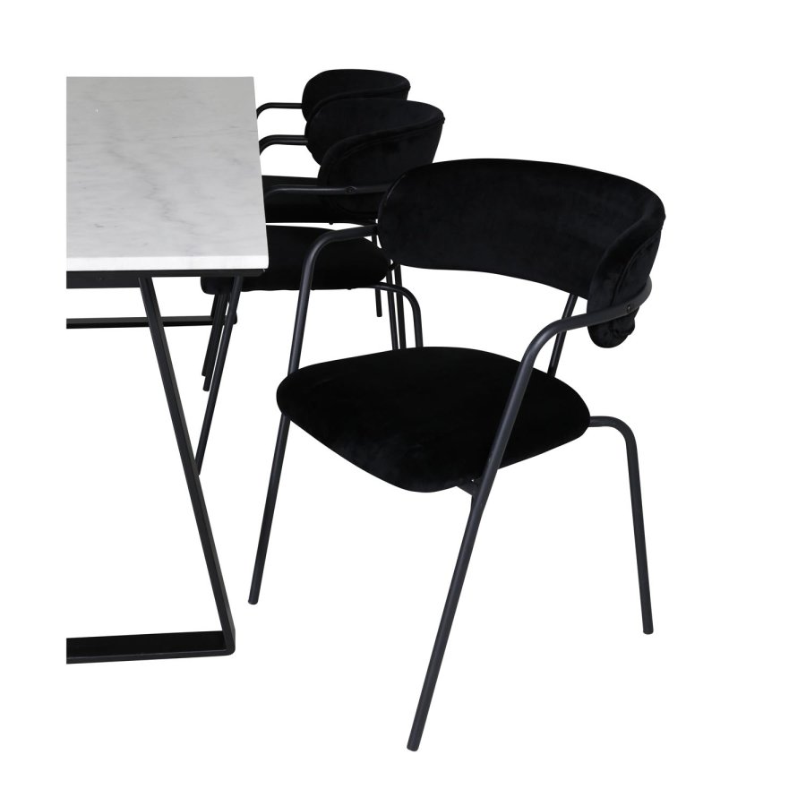 VENTURE DESIGN Estelle spisebordsst, m. 6 stole - hvid marmor/sort metal og sort fljl/sort metal