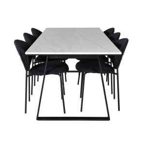 VENTURE DESIGN Estelle spisebordsst, m. 6 stole - hvid marmor/sort metal og sort stof/sort metal