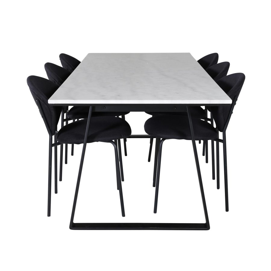 VENTURE DESIGN Estelle spisebordsst, m. 6 stole - hvid marmor/sort metal og sort stof/sort metal