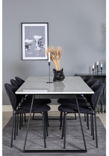 VENTURE DESIGN Estelle spisebordsst, m. 6 stole - hvid marmor/sort metal og sort stof/sort metal