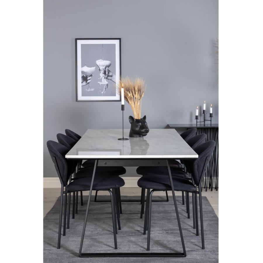 VENTURE DESIGN Estelle spisebordsst, m. 6 stole - hvid marmor/sort metal og sort stof/sort metal