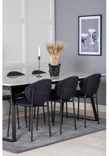 VENTURE DESIGN Estelle spisebordsst, m. 6 stole - hvid marmor/sort metal og sort stof/sort metal