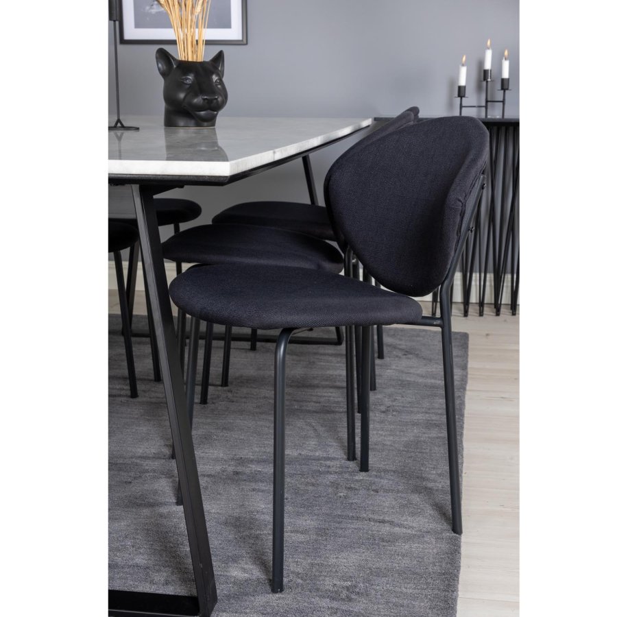 VENTURE DESIGN Estelle spisebordsst, m. 6 stole - hvid marmor/sort metal og sort stof/sort metal
