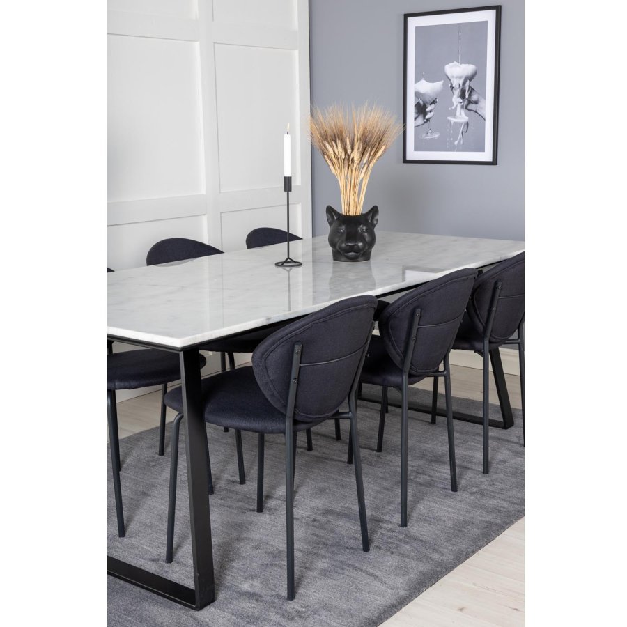 VENTURE DESIGN Estelle spisebordsst, m. 6 stole - hvid marmor/sort metal og sort stof/sort metal