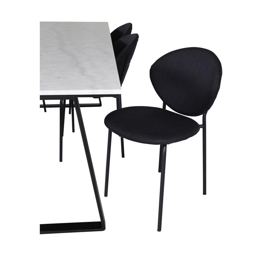 VENTURE DESIGN Estelle spisebordsst, m. 6 stole - hvid marmor/sort metal og sort stof/sort metal