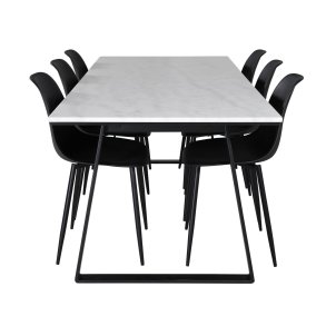 VENTURE DESIGN Estelle spisebordsst, m. 6 stole - hvid marmor/sort metal og sort plastik/sort metal