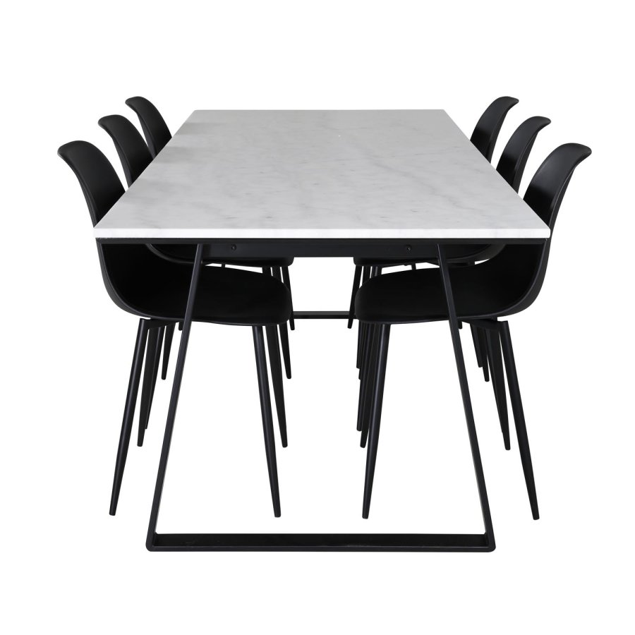 VENTURE DESIGN Estelle spisebordsst, m. 6 stole - hvid marmor/sort metal og sort plastik/sort metal