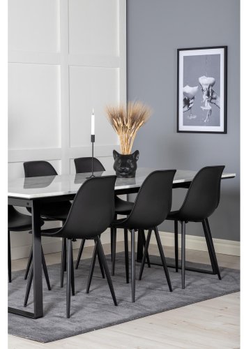 VENTURE DESIGN Estelle spisebordsst, m. 6 stole - hvid marmor/sort metal og sort plastik/sort metal