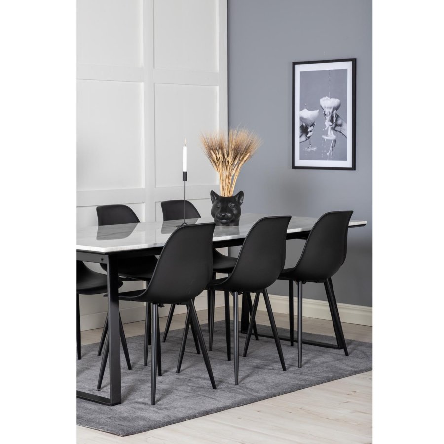 VENTURE DESIGN Estelle spisebordsst, m. 6 stole - hvid marmor/sort metal og sort plastik/sort metal