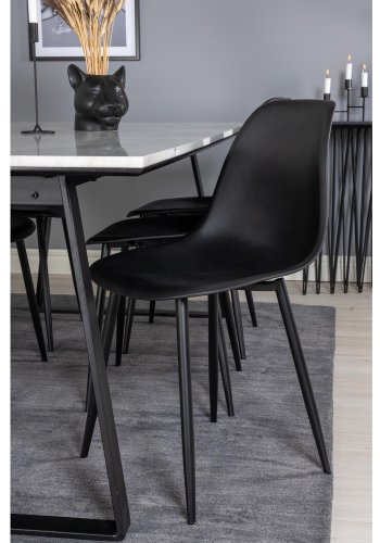 VENTURE DESIGN Estelle spisebordsst, m. 6 stole - hvid marmor/sort metal og sort plastik/sort metal