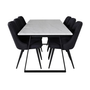 VENTURE DESIGN Estelle spisebordsst, m. 6 stole - hvid marmor/sort metal og sort stof/sort metal
