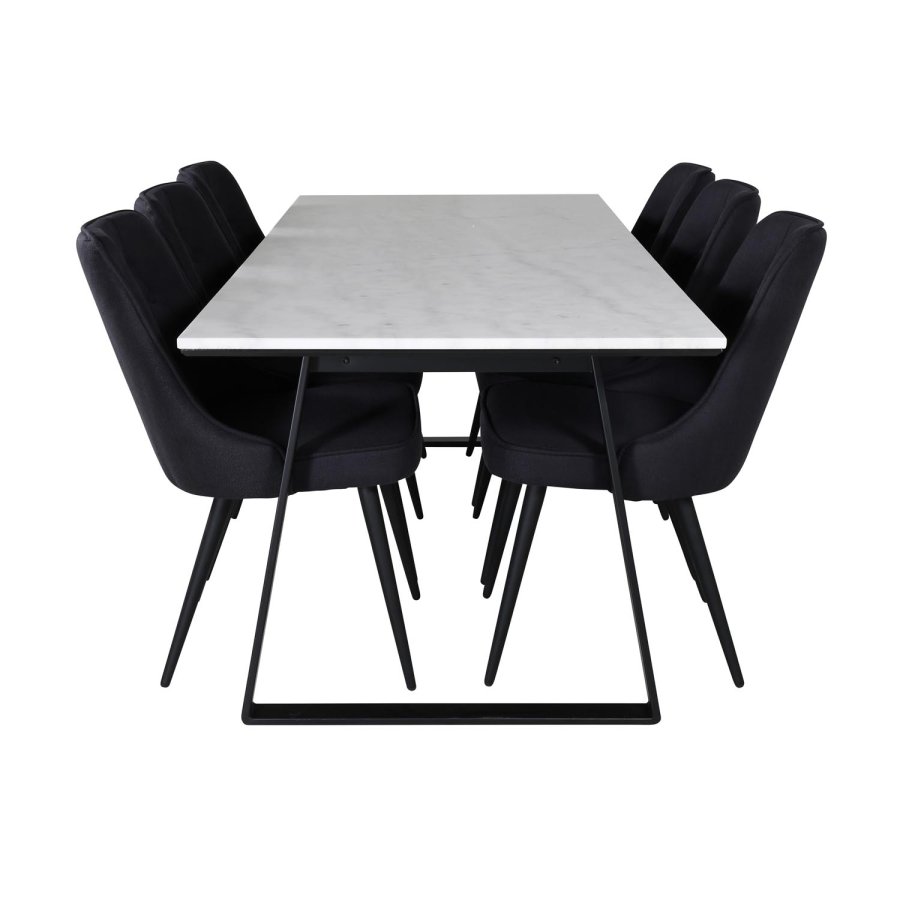 VENTURE DESIGN Estelle spisebordsst, m. 6 stole - hvid marmor/sort metal og sort stof/sort metal