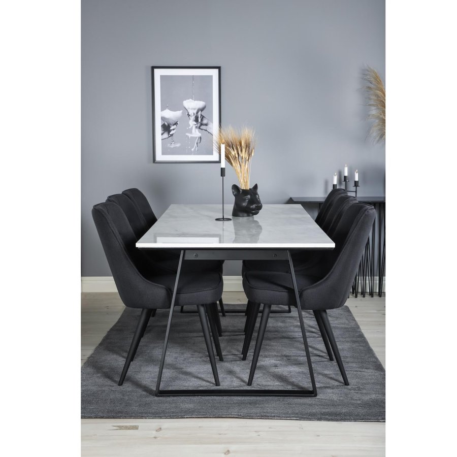 VENTURE DESIGN Estelle spisebordsst, m. 6 stole - hvid marmor/sort metal og sort stof/sort metal
