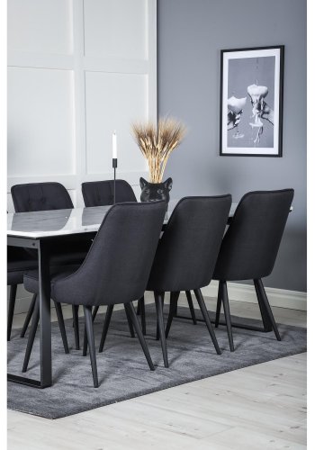 VENTURE DESIGN Estelle spisebordsst, m. 6 stole - hvid marmor/sort metal og sort stof/sort metal