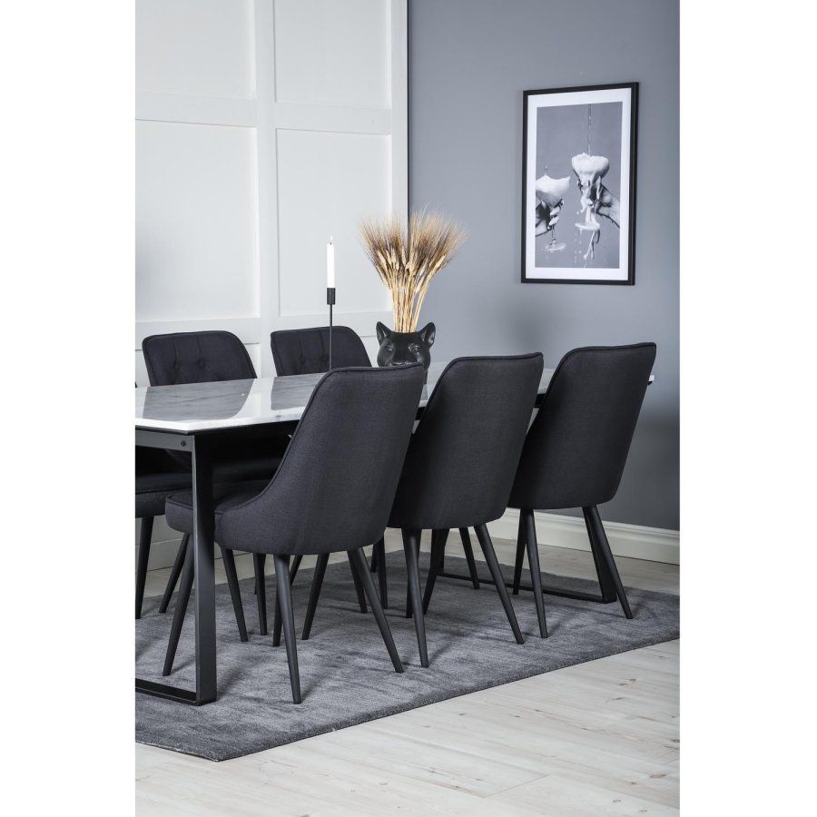 VENTURE DESIGN Estelle spisebordsst, m. 6 stole - hvid marmor/sort metal og sort stof/sort metal