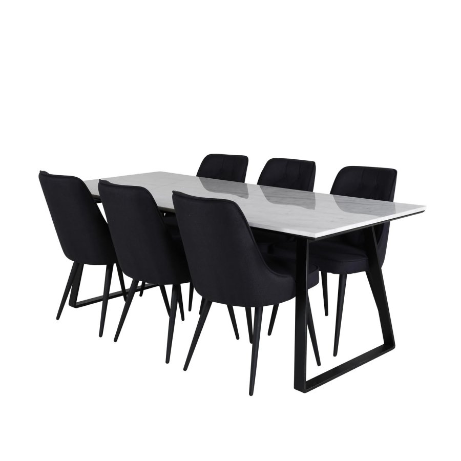 VENTURE DESIGN Estelle spisebordsst, m. 6 stole - hvid marmor/sort metal og sort stof/sort metal