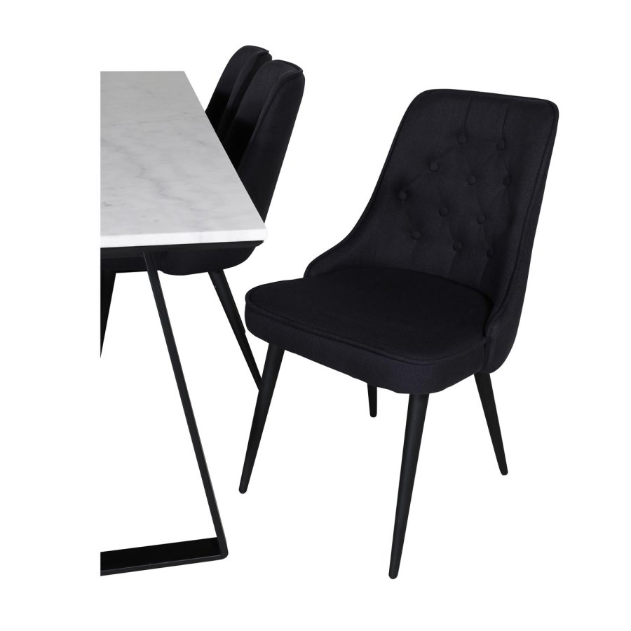 VENTURE DESIGN Estelle spisebordsst, m. 6 stole - hvid marmor/sort metal og sort stof/sort metal