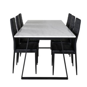 VENTURE DESIGN Estelle spisebordsst, m. 6 stole - hvid marmor/sort metal og sort PU/sort metal