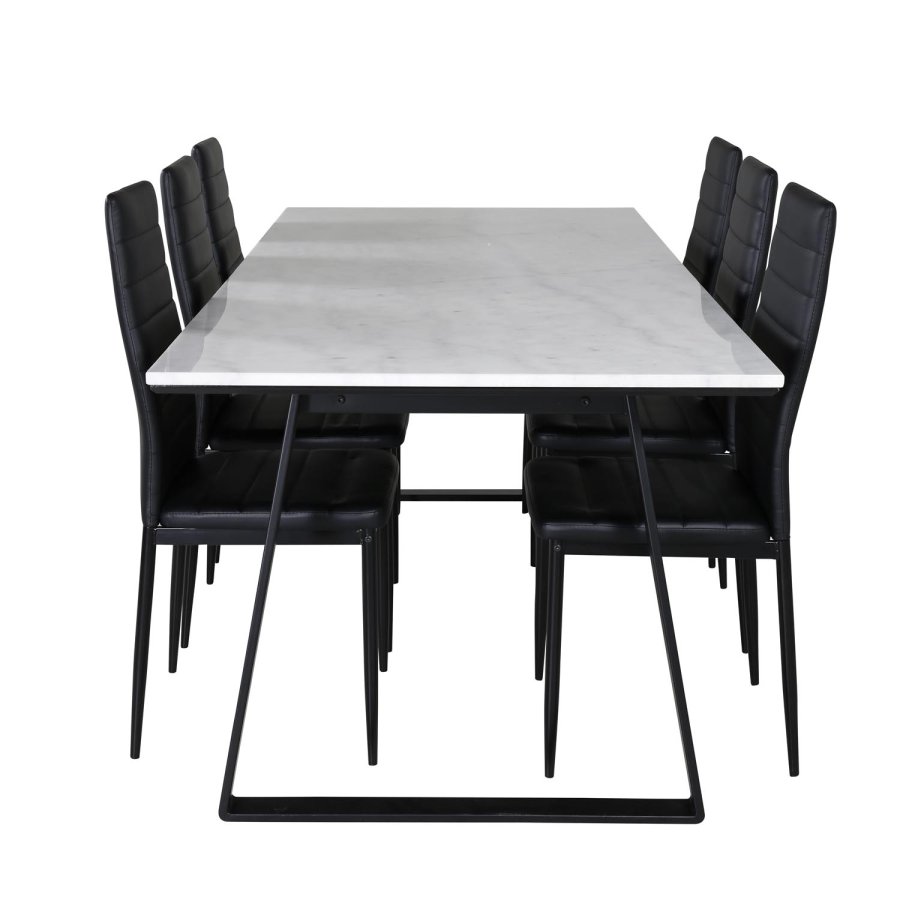 VENTURE DESIGN Estelle spisebordsst, m. 6 stole - hvid marmor/sort metal og sort PU/sort metal