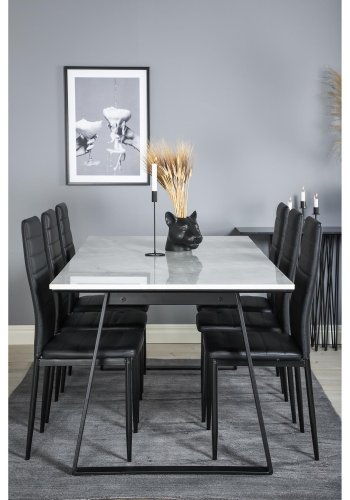VENTURE DESIGN Estelle spisebordsst, m. 6 stole - hvid marmor/sort metal og sort PU/sort metal