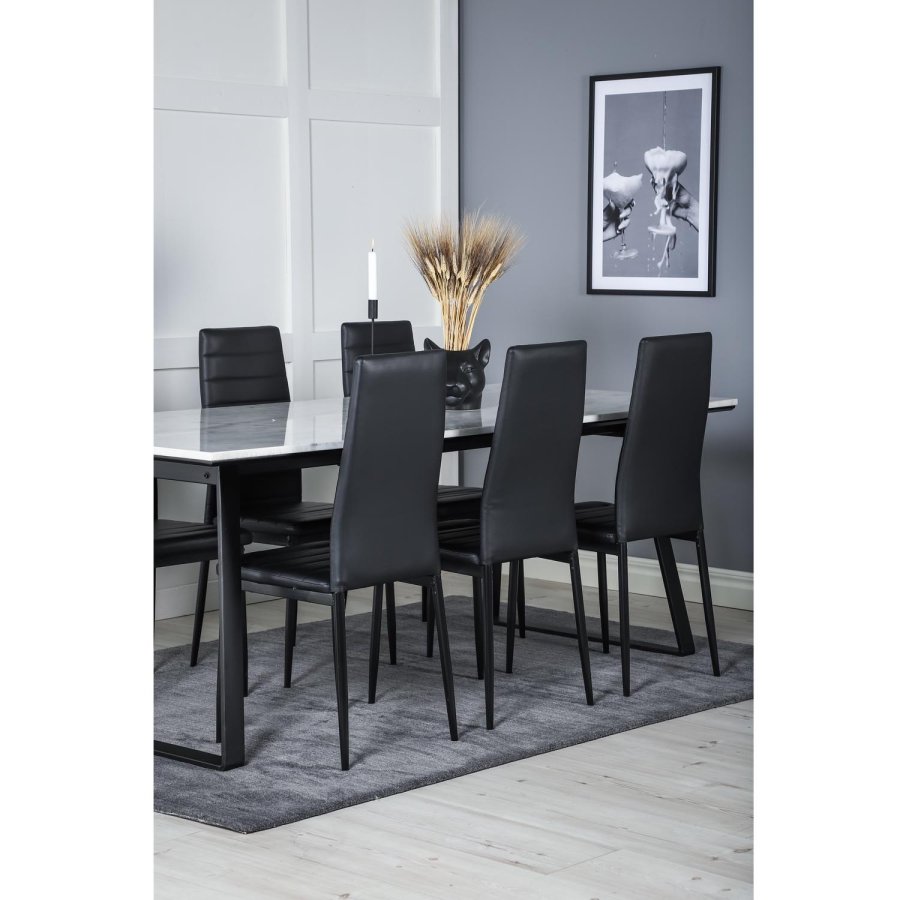 VENTURE DESIGN Estelle spisebordsst, m. 6 stole - hvid marmor/sort metal og sort PU/sort metal