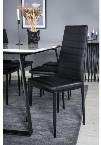 VENTURE DESIGN Estelle spisebordsst, m. 6 stole - hvid marmor/sort metal og sort PU/sort metal