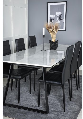 VENTURE DESIGN Estelle spisebordsst, m. 6 stole - hvid marmor/sort metal og sort PU/sort metal