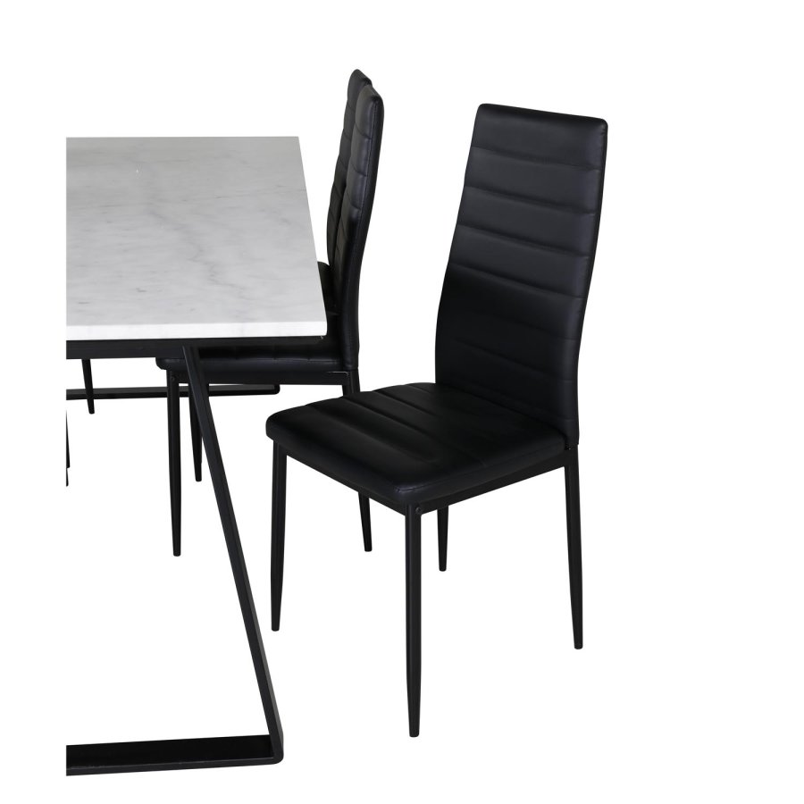 VENTURE DESIGN Estelle spisebordsst, m. 6 stole - hvid marmor/sort metal og sort PU/sort metal