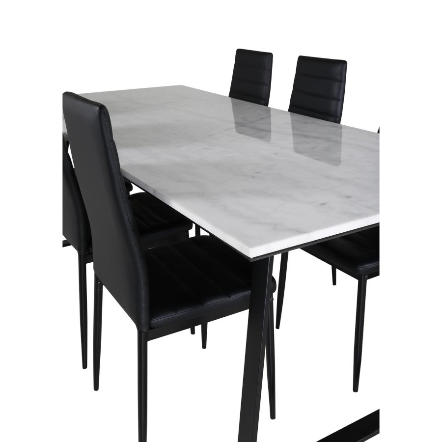 VENTURE DESIGN Estelle spisebordsst, m. 6 stole - hvid marmor/sort metal og sort PU/sort metal
