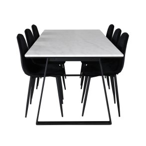 VENTURE DESIGN Estelle spisebordsst, m. 6 stole - hvid marmor/sort metal og sort fljl/sort metal
