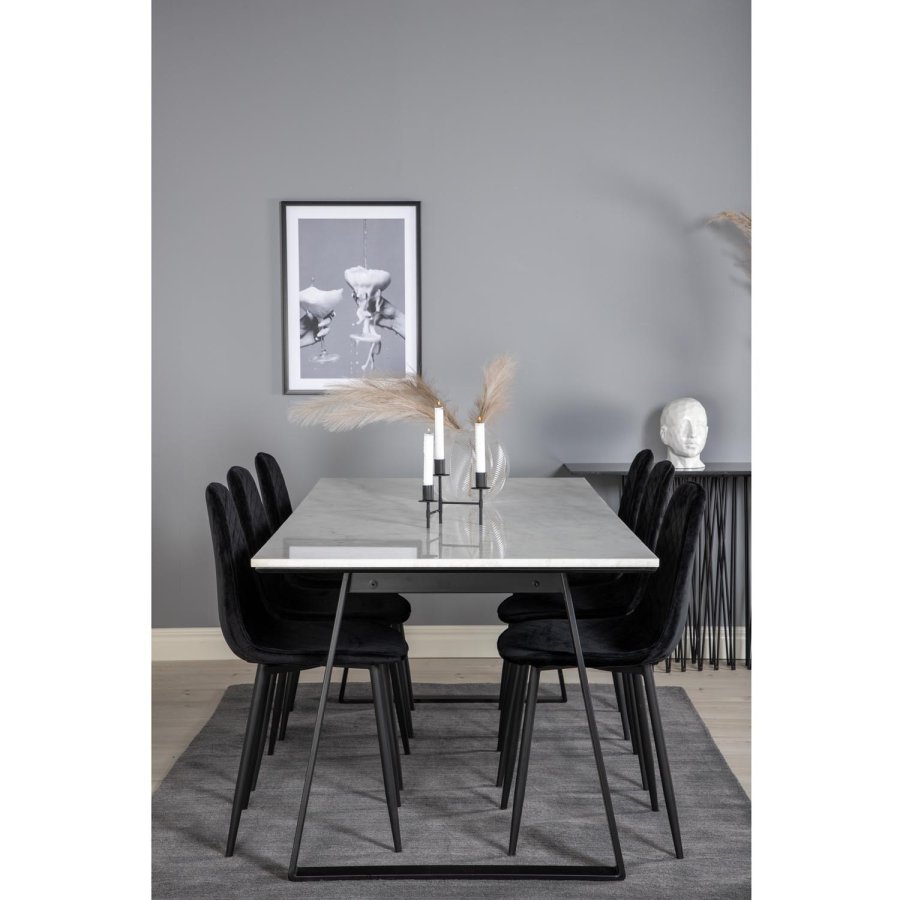 VENTURE DESIGN Estelle spisebordsst, m. 6 stole - hvid marmor/sort metal og sort fljl/sort metal