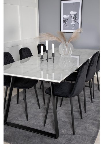 VENTURE DESIGN Estelle spisebordsst, m. 6 stole - hvid marmor/sort metal og sort fljl/sort metal