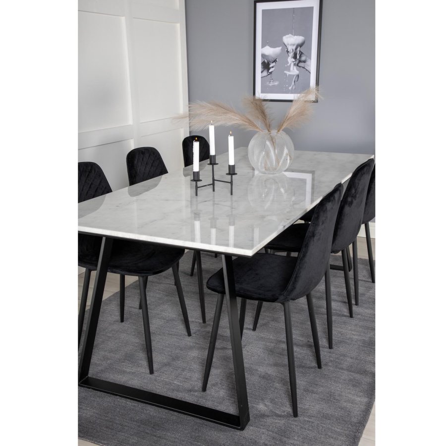 VENTURE DESIGN Estelle spisebordsst, m. 6 stole - hvid marmor/sort metal og sort fljl/sort metal