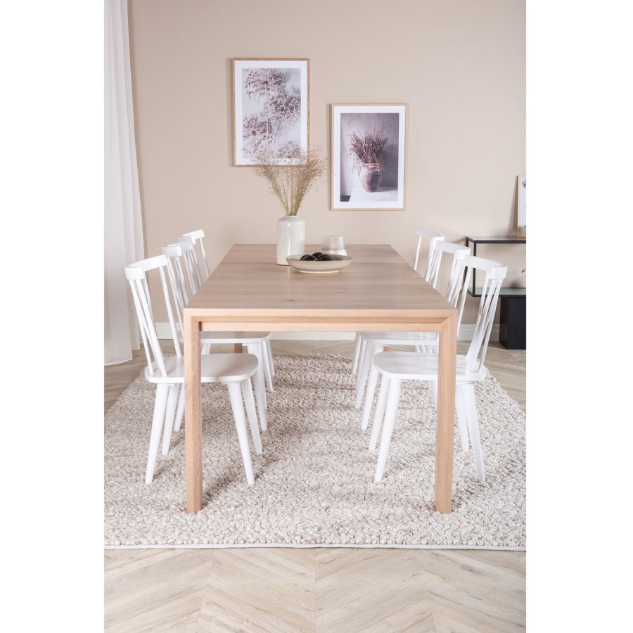 VENTURE DESIGN Slider spisebordsst, m. 6 stole - hvidvasket egefiner/eg og hvid gummitr