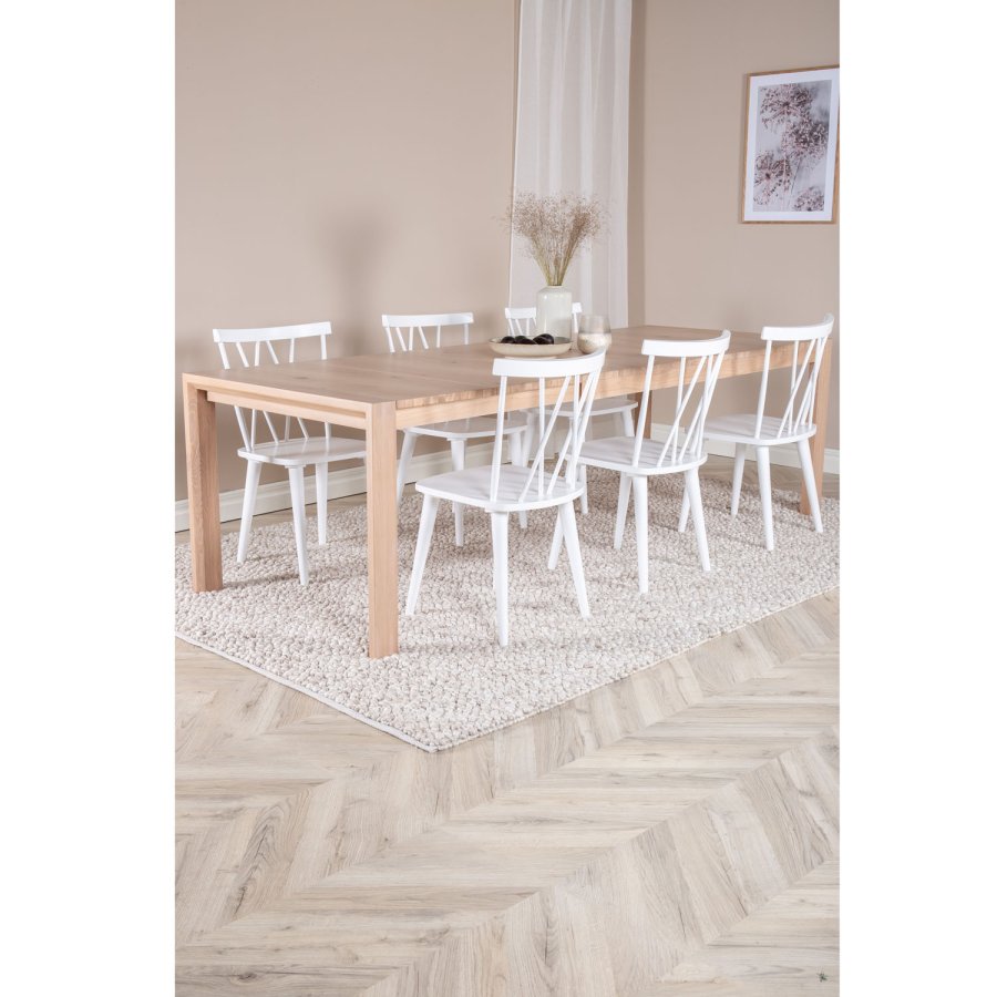 VENTURE DESIGN Slider spisebordsst, m. 6 stole - hvidvasket egefiner/eg og hvid gummitr