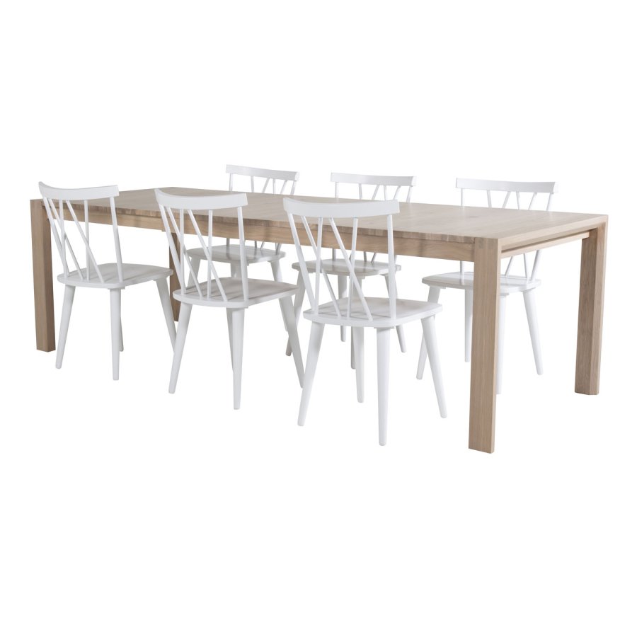 VENTURE DESIGN Slider spisebordsst, m. 6 stole - hvidvasket egefiner/eg og hvid gummitr