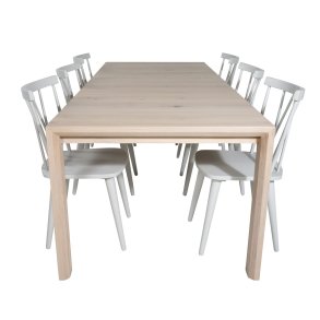 VENTURE DESIGN Slider spisebordsst, m. 6 stole - hvidvasket egefiner/eg og gr gummitr